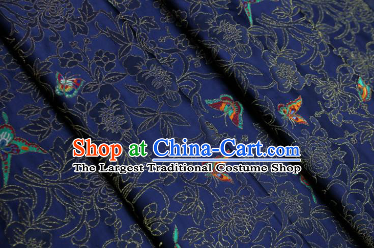 Chinese Classical Chrysanthemum Butterfly Pattern Design Navy Brocade Fabric Asian Traditional Silk Material