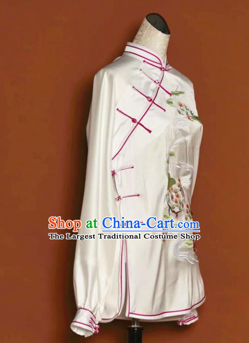 Chinese Tai Chi Embroidered White Silk Garment Outfits Traditional Kung Fu Martial Arts Training Costumes for Women