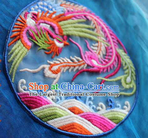 Chinese Traditional Embroidered Phoenix Blue Round Patch Embroidery Craft Embroidering Accessories