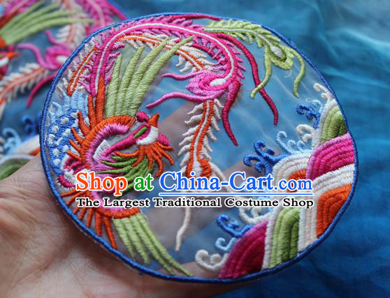 Chinese Traditional Embroidered Phoenix Blue Round Patch Embroidery Craft Embroidering Accessories