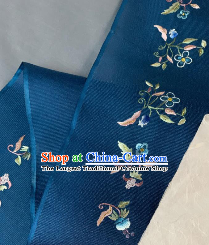Chinese Classical Embroidered Flowers Pattern Design Deep Blue Silk Fabric Asian Traditional Hanfu Material