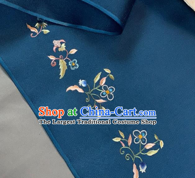 Chinese Classical Embroidered Flowers Pattern Design Deep Blue Silk Fabric Asian Traditional Hanfu Material