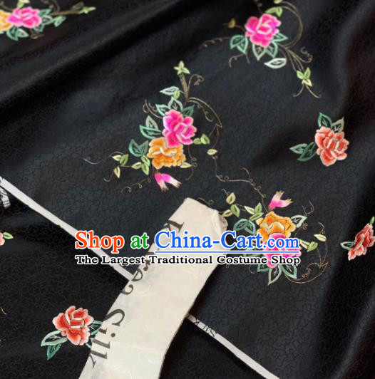 Chinese Classical Embroidered Peony Pattern Design Black Silk Fabric Asian Traditional Hanfu Material