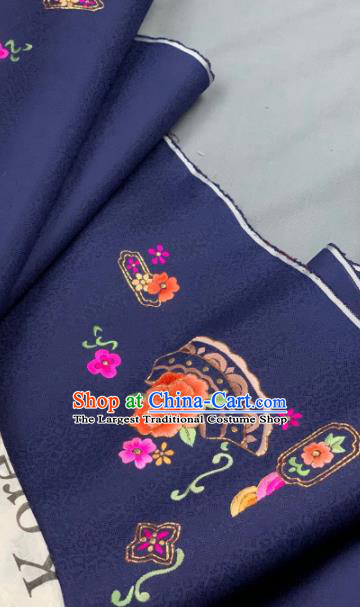 Chinese Classical Embroidered Peony Pattern Design Deep Blue Silk Fabric Asian Traditional Hanfu Brocade Material