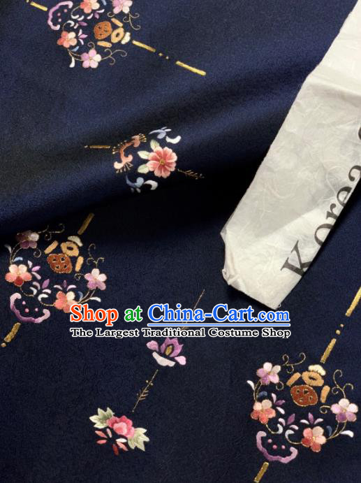 Chinese Classical Peach Flowers Pattern Design Navy Silk Fabric Asian Traditional Hanfu Brocade Material