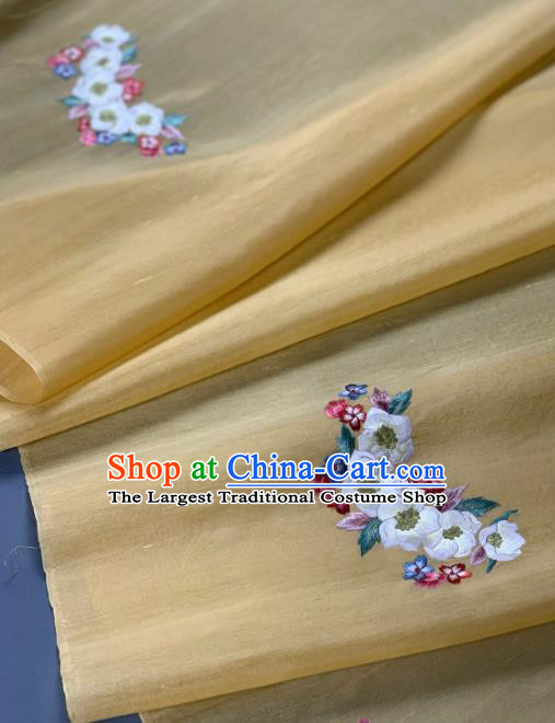Chinese Classical Embroidered Peach Blossom Pattern Design Yellow Silk Fabric Asian Traditional Hanfu Brocade Material