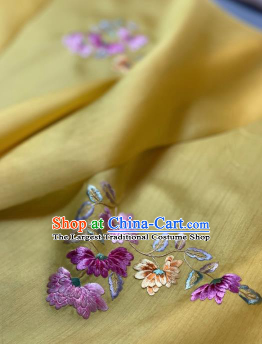 Chinese Traditional Embroidered Chrysanthemum Pattern Design Yellow Silk Fabric Asian Hanfu Material