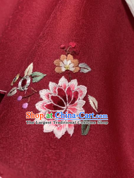 Chinese Traditional Classical Embroidered Butterfly Pattern Design Red Silk Fabric Asian Hanfu Material