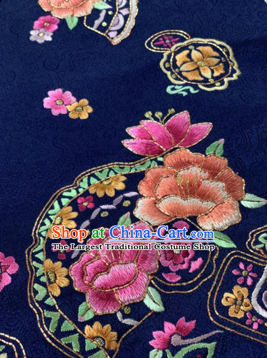 Chinese Traditional Classical Embroidered Peony Pattern Design Deep Blue Silk Fabric Asian Hanfu Material