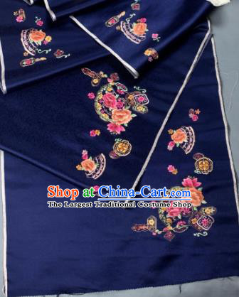Chinese Traditional Classical Embroidered Peony Pattern Design Deep Blue Silk Fabric Asian Hanfu Material
