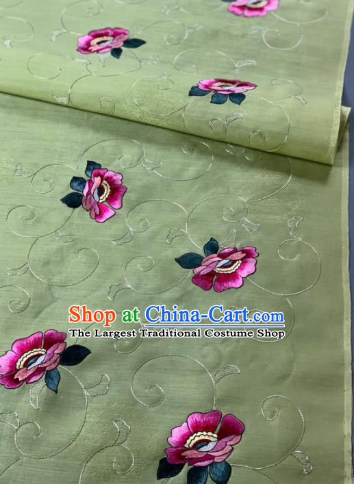 Chinese Traditional Classical Embroidered Flowers Pattern Design Green Silk Fabric Asian Hanfu Material
