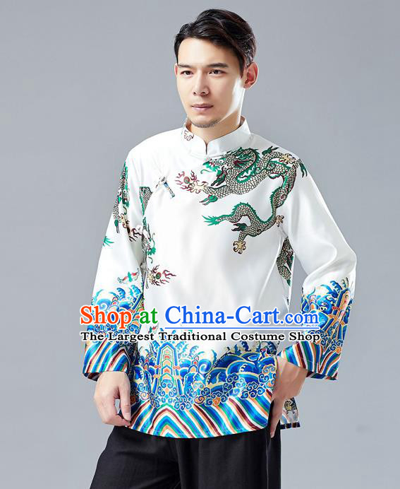 Top Chinese Tang Suit Printing Dragon White Jacket Traditional Tai Chi Kung Fu Overcoat Costume for Men