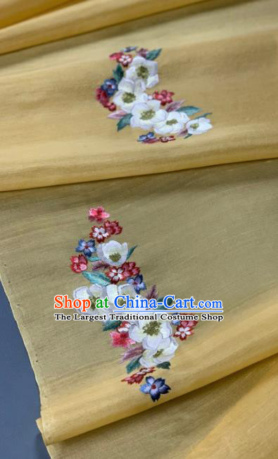 Chinese Classical Embroidered Peach Blossom Pattern Design Yellow Silk Fabric Asian Traditional Hanfu Brocade Material