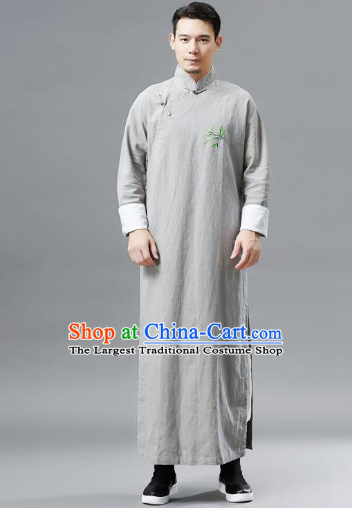 Top Chinese Tang Suit Embroidered Bamboo Grey Flax Robe Traditional ...