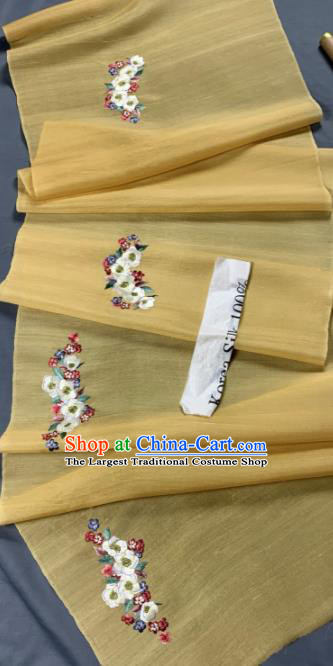 Chinese Classical Embroidered Peach Blossom Pattern Design Yellow Silk Fabric Asian Traditional Hanfu Brocade Material