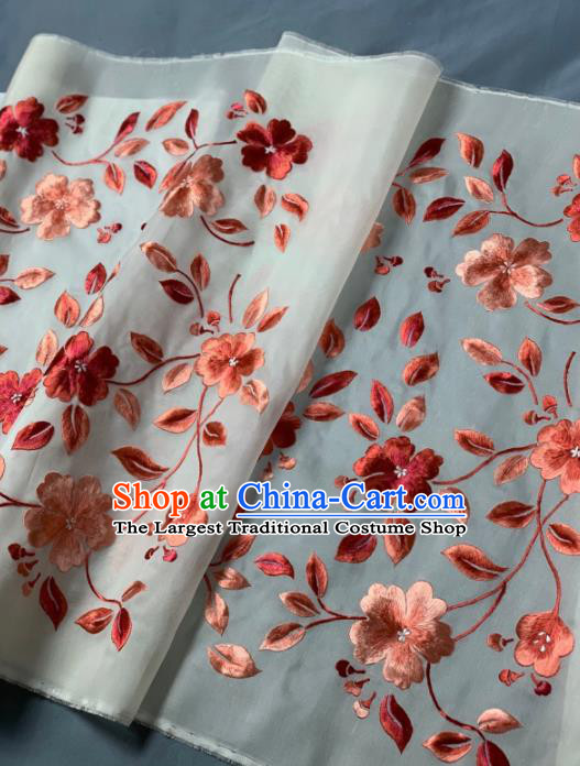 Chinese Classical Embroidered Peach Blossom Pattern Design White Silk Fabric Asian Traditional Hanfu Brocade Material