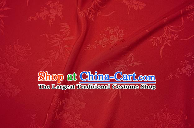 Chinese Traditional Plum Orchid Bamboo Chrysanthemum Pattern Design Red Brocade Fabric Hanfu Dress Satin Drapery