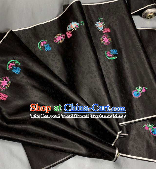 Chinese Classical Embroidered Orchid Pattern Design Black Silk Fabric Asian Traditional Hanfu Brocade Material