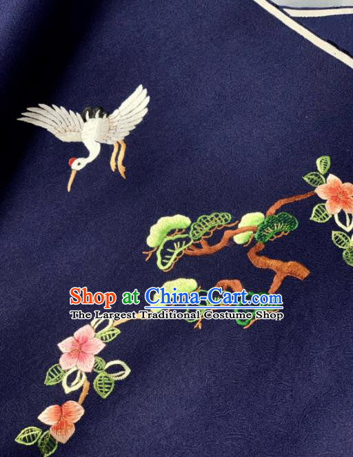Chinese Classical Embroidered Crane Pine Pattern Design Navy Silk Fabric Asian Traditional Hanfu Brocade Material