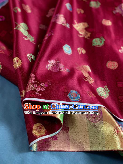 Chinese Classical Plum Orchid Pattern Design Wine Red Silk Fabric Asian Traditional Hanfu Brocade Material