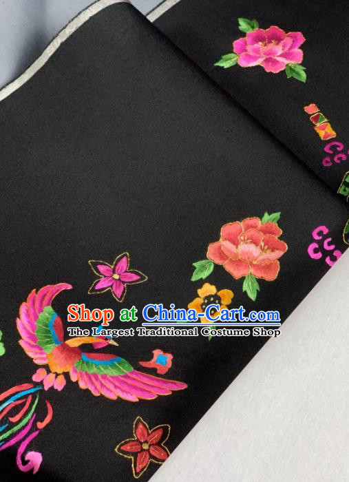 Chinese Classical Phoenix Peony Pattern Design Black Silk Fabric Asian Traditional Hanfu Brocade Material