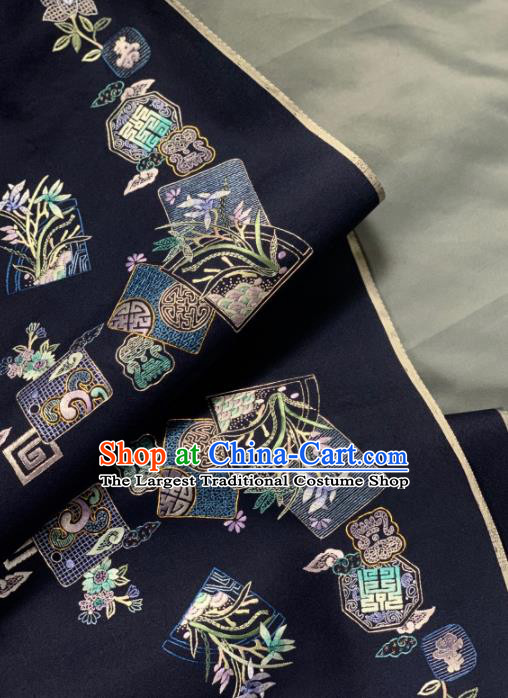 Chinese Classical Embroidered Orchid Pattern Design Navy Silk Fabric Asian Traditional Hanfu Brocade Material