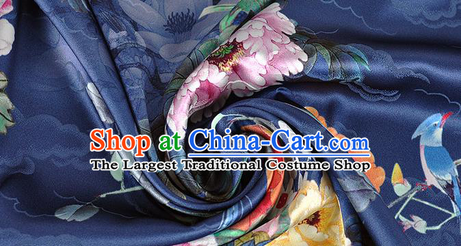 Chinese Classical Peony Pattern Design Navy Silk Fabric Asian Traditional Hanfu Mulberry Silk Material
