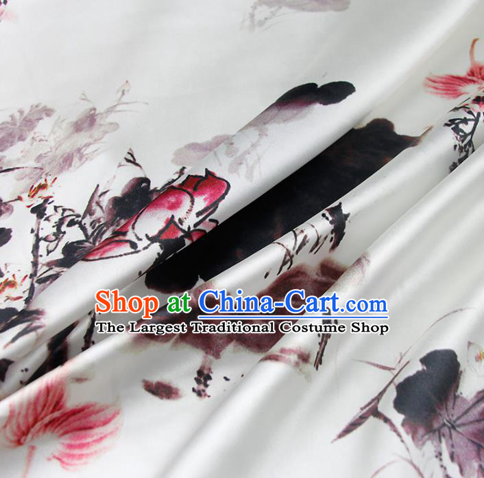 Chinese Classical Ink Lotus Pattern Design White Silk Fabric Asian Traditional Hanfu Mulberry Silk Material