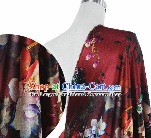 Chinese Classical Flowers Pattern Design Purplish Red Silk Fabric Asian Traditional Hanfu Mulberry Silk Material