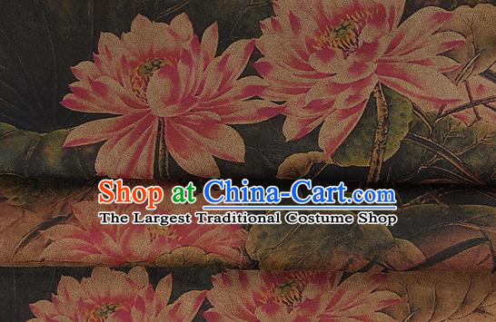 Chinese Classical Lotus Pattern Design Atrovirens Silk Fabric Asian Traditional Hanfu Mulberry Silk Material