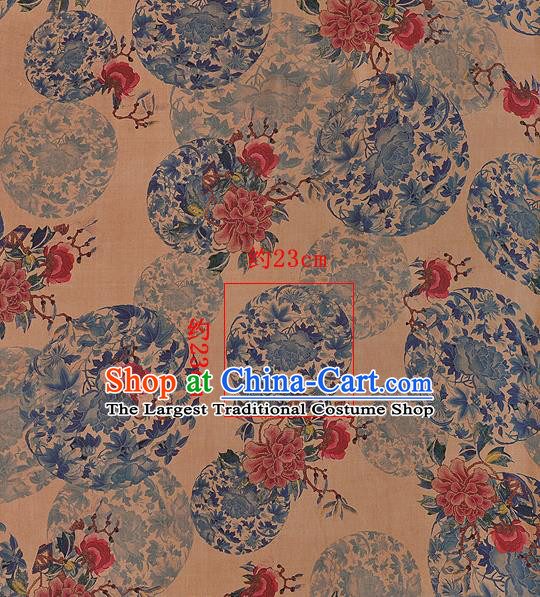 Chinese Classical Peony Pattern Design Light Brown Silk Fabric Asian Traditional Hanfu Mulberry Silk Material
