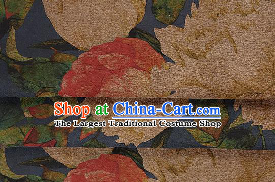 Chinese Classical Hibiscus Pattern Design Navy Silk Fabric Asian Traditional Hanfu Mulberry Silk Material