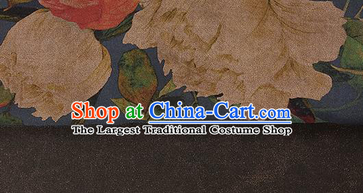 Chinese Classical Hibiscus Pattern Design Navy Silk Fabric Asian Traditional Hanfu Mulberry Silk Material