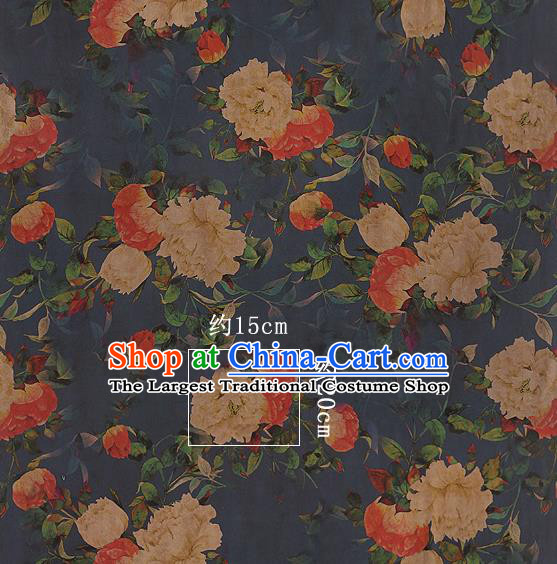Chinese Classical Hibiscus Pattern Design Navy Silk Fabric Asian Traditional Hanfu Mulberry Silk Material