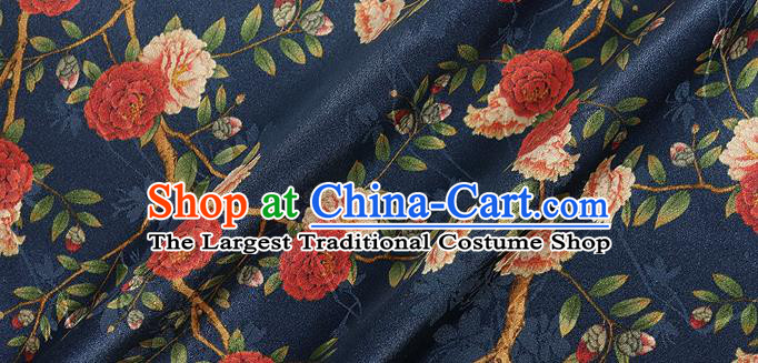 Chinese Classical Roses Pattern Design Navy Silk Fabric Asian Traditional Hanfu Mulberry Silk Material