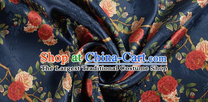 Chinese Classical Roses Pattern Design Navy Silk Fabric Asian Traditional Hanfu Mulberry Silk Material