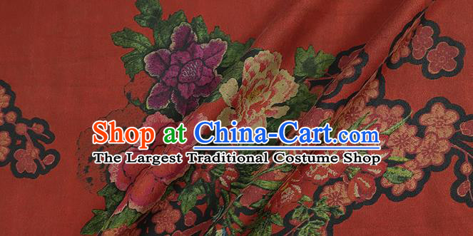 Chinese Classical Peony Plum Pattern Design Rust Red Silk Fabric Asian Traditional Hanfu Mulberry Silk Material