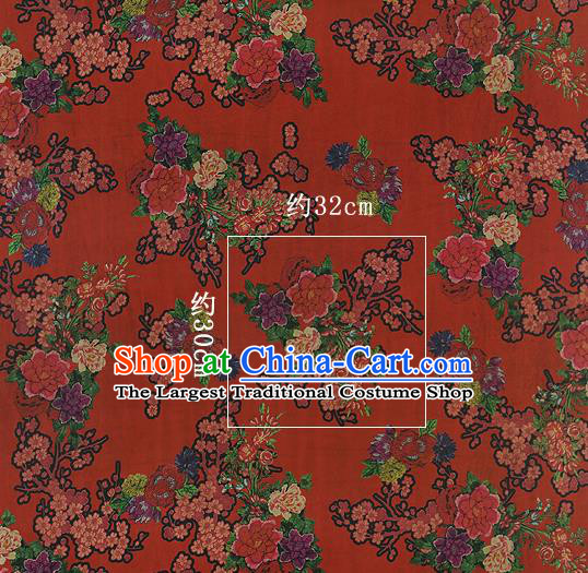 Chinese Classical Peony Plum Pattern Design Rust Red Silk Fabric Asian Traditional Hanfu Mulberry Silk Material