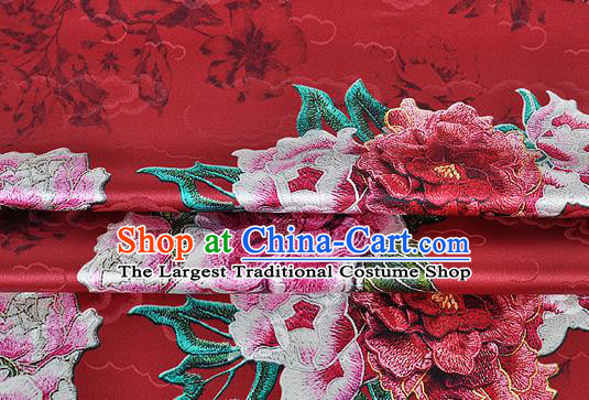 Chinese Classical Cloud Peony Pattern Design Red Silk Fabric Asian Traditional Hanfu Mulberry Silk Material