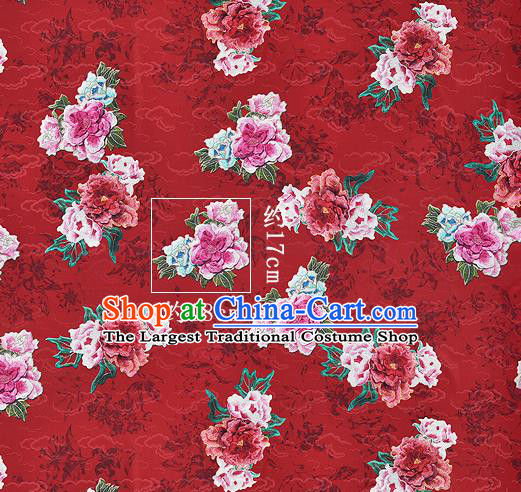 Chinese Classical Cloud Peony Pattern Design Red Silk Fabric Asian Traditional Hanfu Mulberry Silk Material