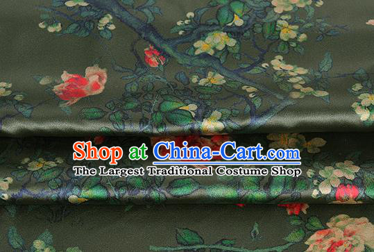 Chinese Classical Roses Pattern Design Atrovirens Silk Fabric Asian Traditional Hanfu Mulberry Silk Material