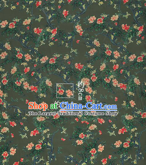 Chinese Classical Roses Pattern Design Atrovirens Silk Fabric Asian Traditional Hanfu Mulberry Silk Material