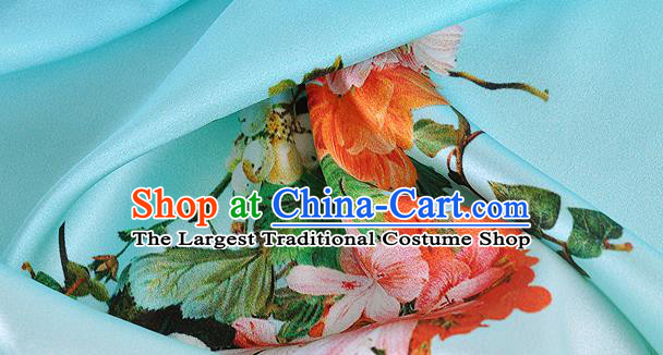 Chinese Classical Flowers Pattern Design Light Blue Silk Fabric Asian Traditional Hanfu Mulberry Silk Material