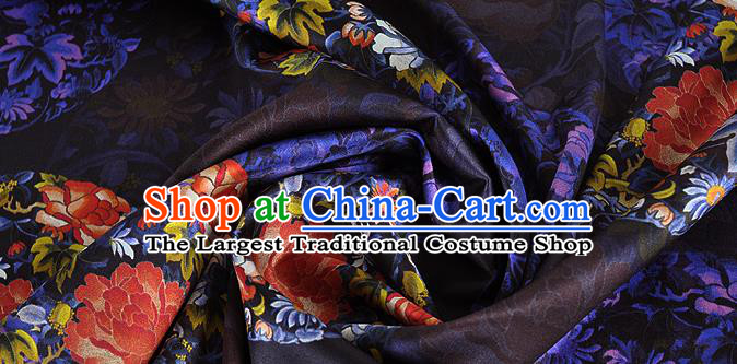 Chinese Classical Peony Chrysanthemum Pattern Design Black Silk Fabric Asian Traditional Hanfu Mulberry Silk Material