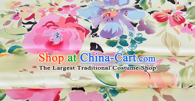 Chinese Classical Flowers Pattern Design Light Yellow Silk Fabric Asian Traditional Hanfu Mulberry Silk Material