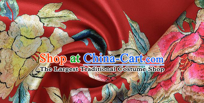 Chinese Classical Peony Pattern Design Red Silk Fabric Asian Traditional Hanfu Mulberry Silk Material