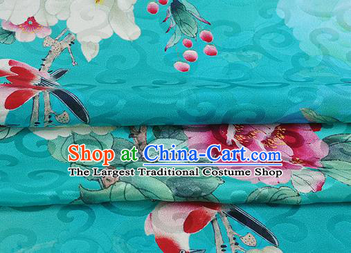 Chinese Classical Hibiscus Pattern Design Blue Silk Fabric Asian Traditional Hanfu Mulberry Silk Material