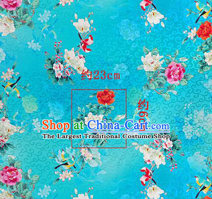 Chinese Classical Hibiscus Pattern Design Blue Silk Fabric Asian Traditional Hanfu Mulberry Silk Material
