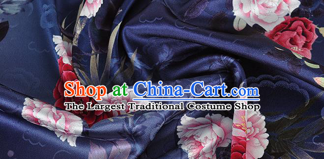 Chinese Classical Cloud Peony Pattern Design Navy Silk Fabric Asian Traditional Hanfu Mulberry Silk Material