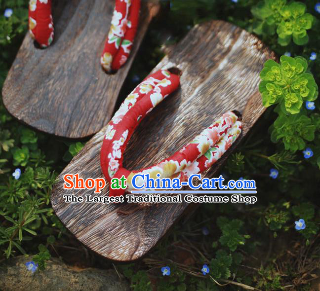 Traditional Japanese Classical Sakura Pattern Red Bidentate Clogs Flip Flops Slippers Asian Japan Geta Shoes for Women